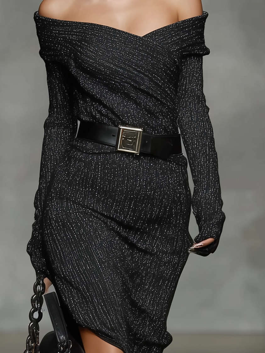 Women's Elegant Black Off-shoulder Stretch Knit Slim-fit Long-sleeved Midi Dress MDA1107L2AN