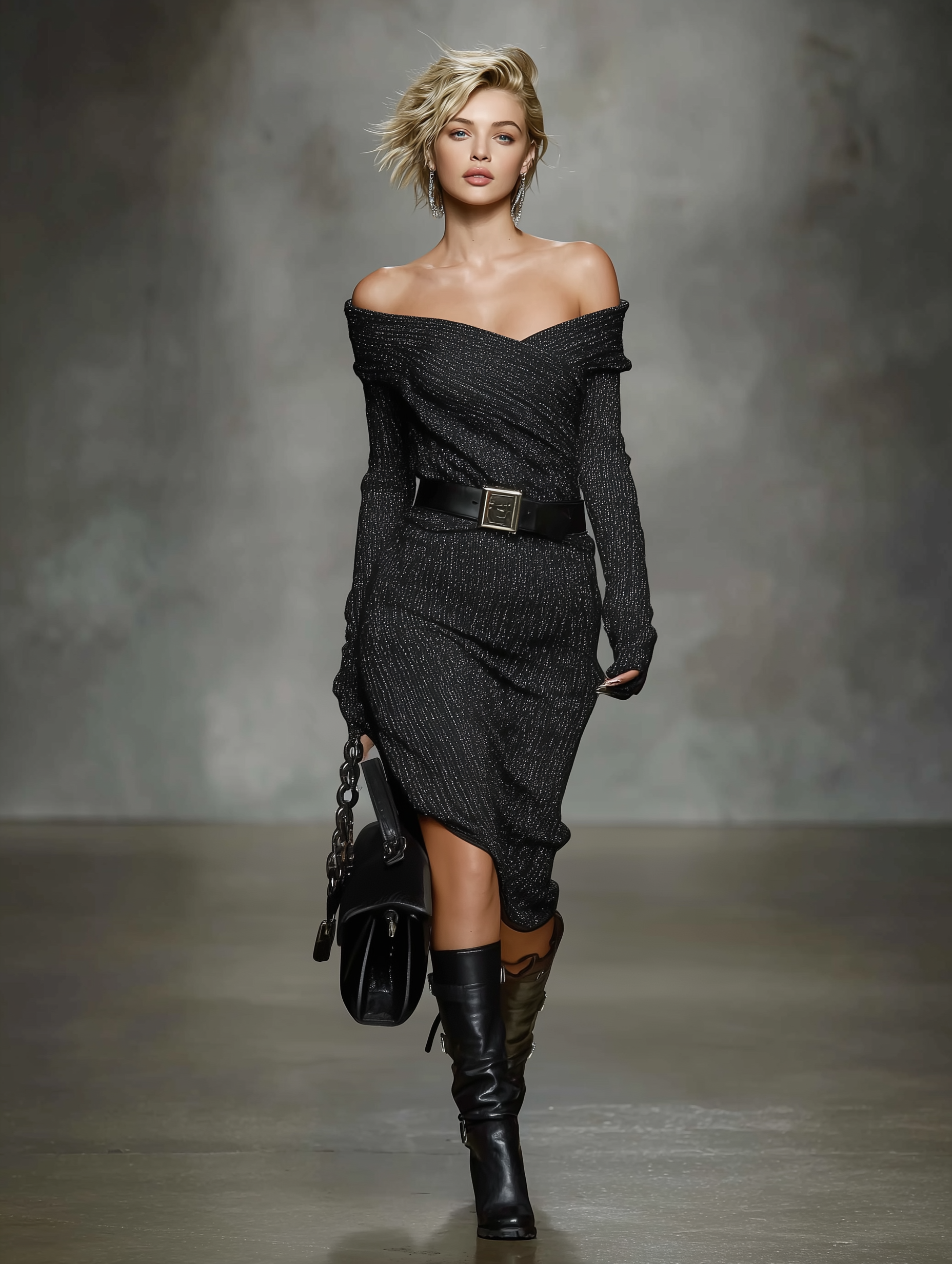 Women's Elegant Black Off-shoulder Stretch Knit Slim-fit Long-sleeved Midi Dress MDA1107L2AN