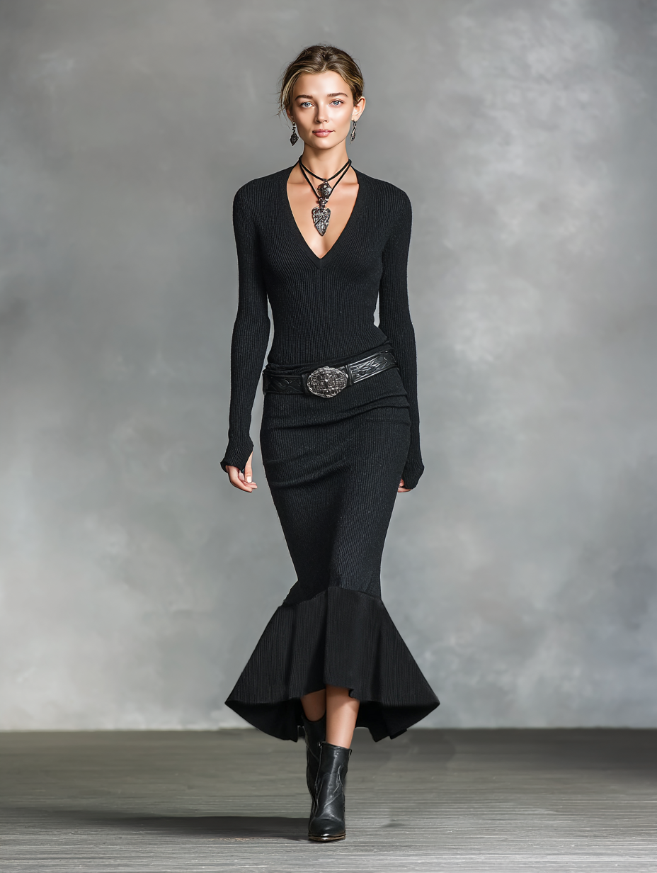 Women's Knitted V-neck Slim Long Sleeves Maxi Dress (Without Belt)MDA0717H5Y