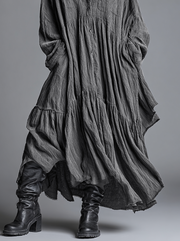 Women's Cotton And Linen Blend Loose Washed Shirt Maxi Dress MDA0486H7Y