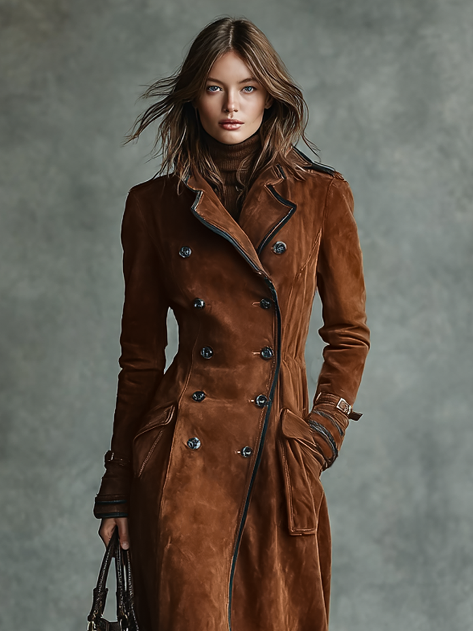 Women's Suede Trim Double-breasted Lapel Long Coat MDA2580H6Y