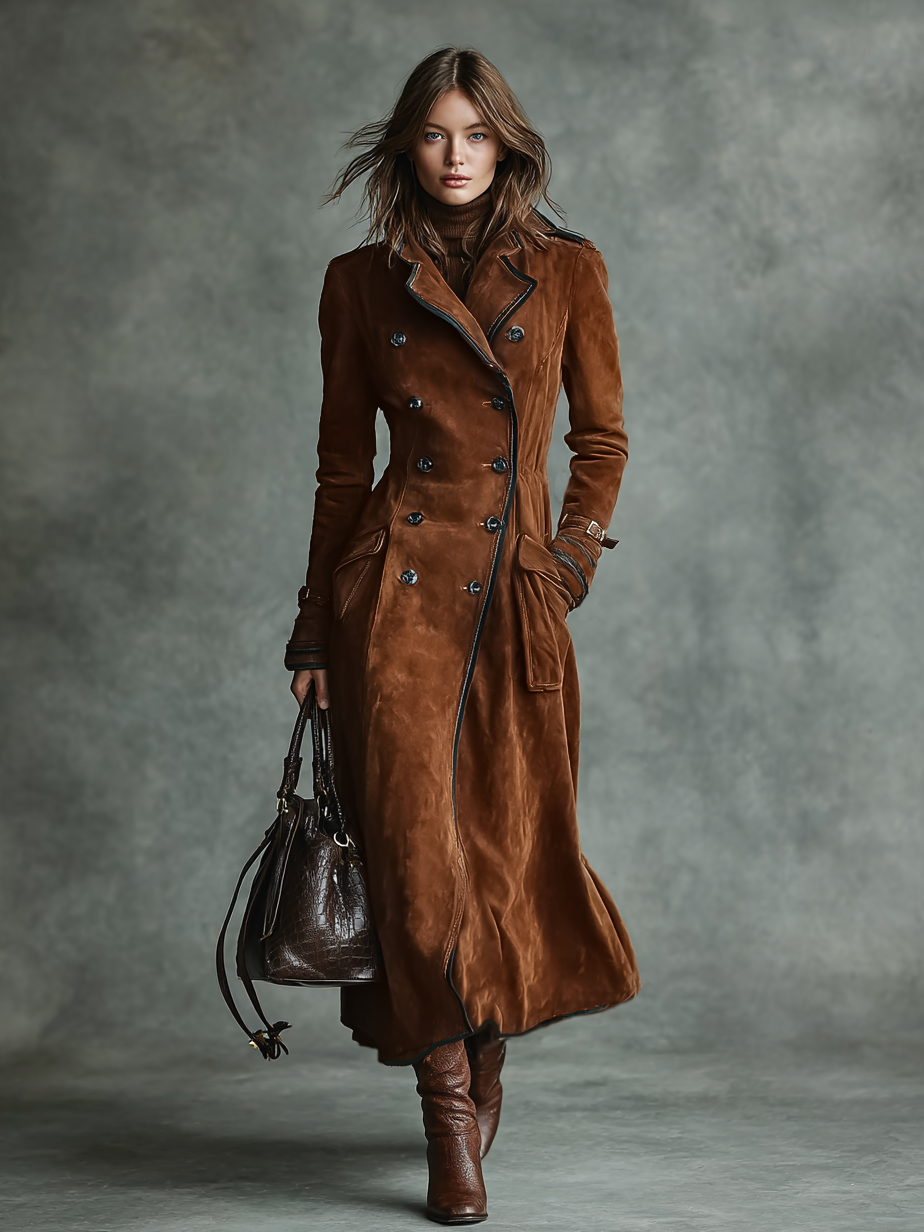 Women's Suede Black Trim Double-breasted Lapel Long Coat MDA2580H6Y