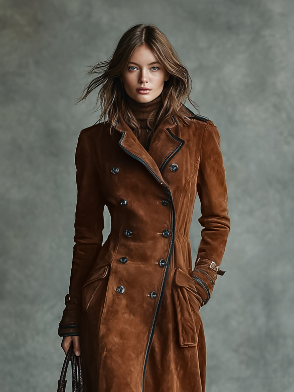 Women's Suede Black Trim Double-breasted Lapel Long Coat MDA2580H6Y