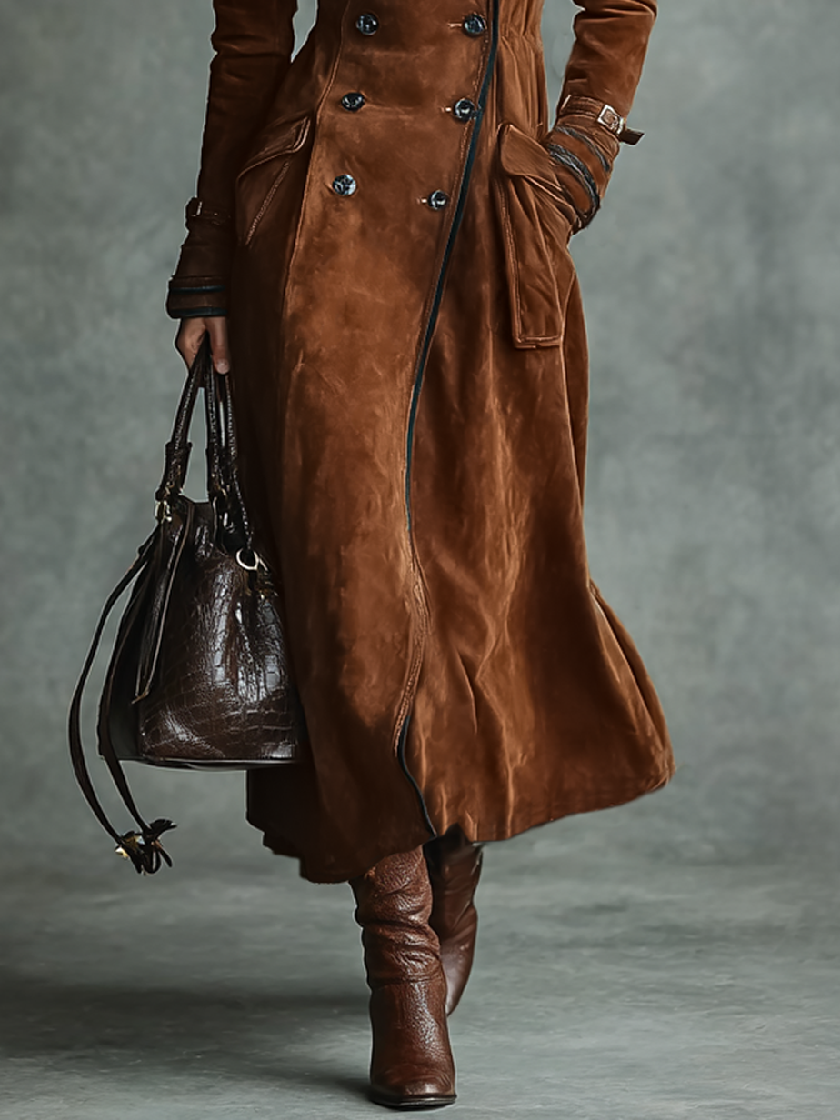 Women's Suede Trim Double-breasted Lapel Long Coat MDA2580H6Y