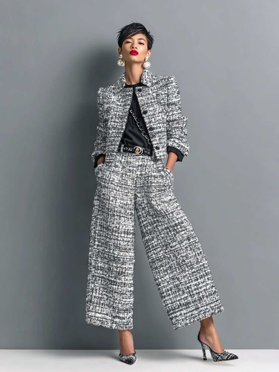 Women's Tweed Blend Single-Breasted Cropped Jacket And Wide-Leg Pants Set MDA2589H6Y