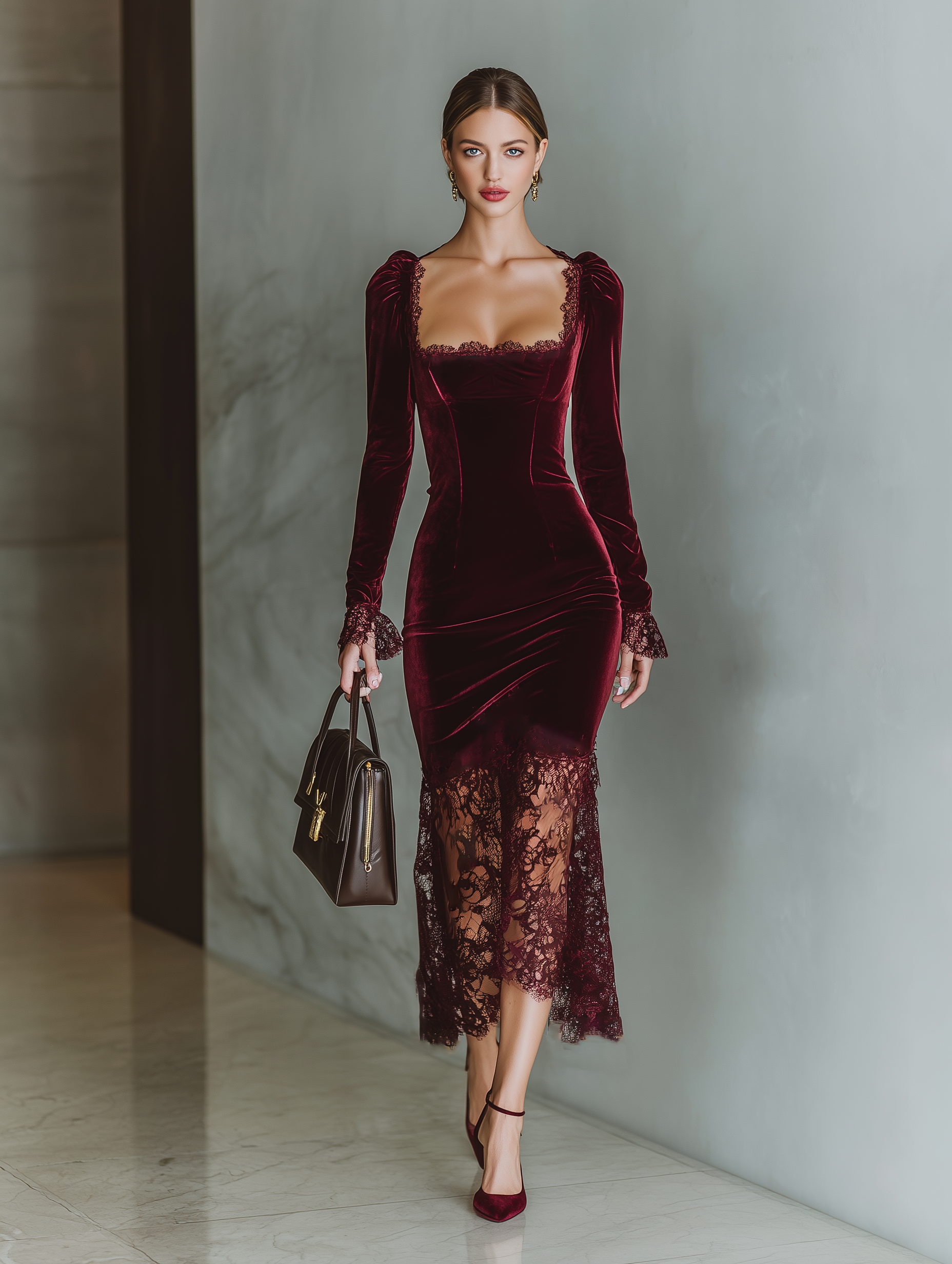 burgundy velvet lace dress Leely Women Burgundy Long Velvet Holiday Party Dress with Lace Round Neck Appliqued Mermaid Evening Dress with Slit