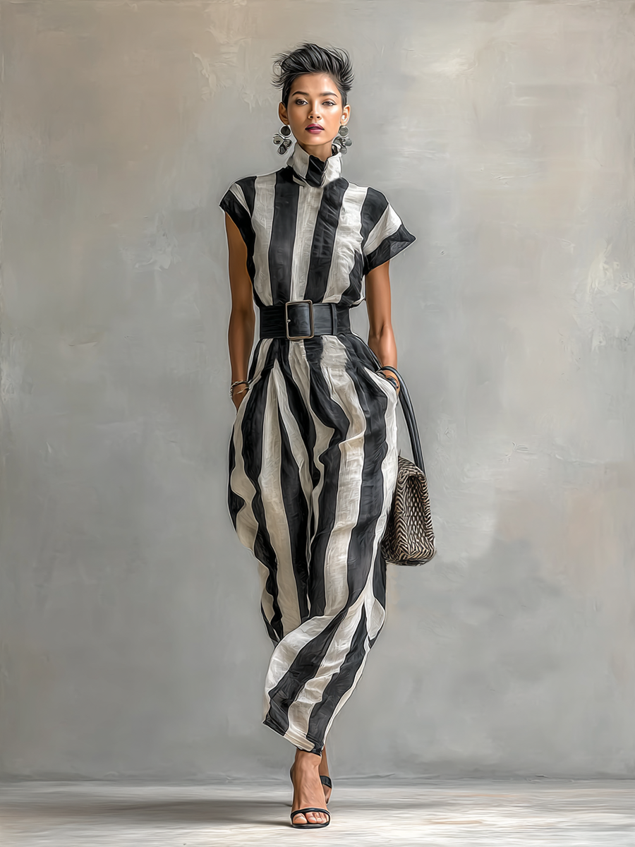 Women's High Collar Chiffon Short Sleeve Belt Maxi Dress MDA0987G2Y