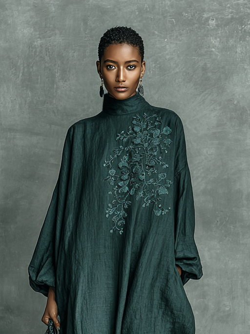 Women's Loose Cotton And Linen Blend Shoulder Embroidery Half-high Collar Long-sleeved Maxi Dress MDA1563H7Y