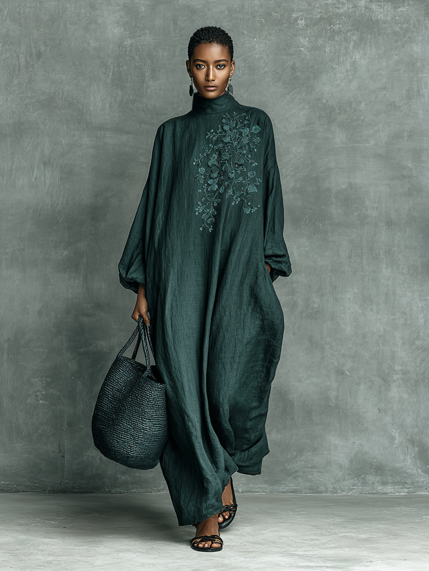 Women's Loose Cotton And Linen Blend Shoulder Embroidery Half-high Collar Long-sleeved Maxi Dress MDA1563H7Y