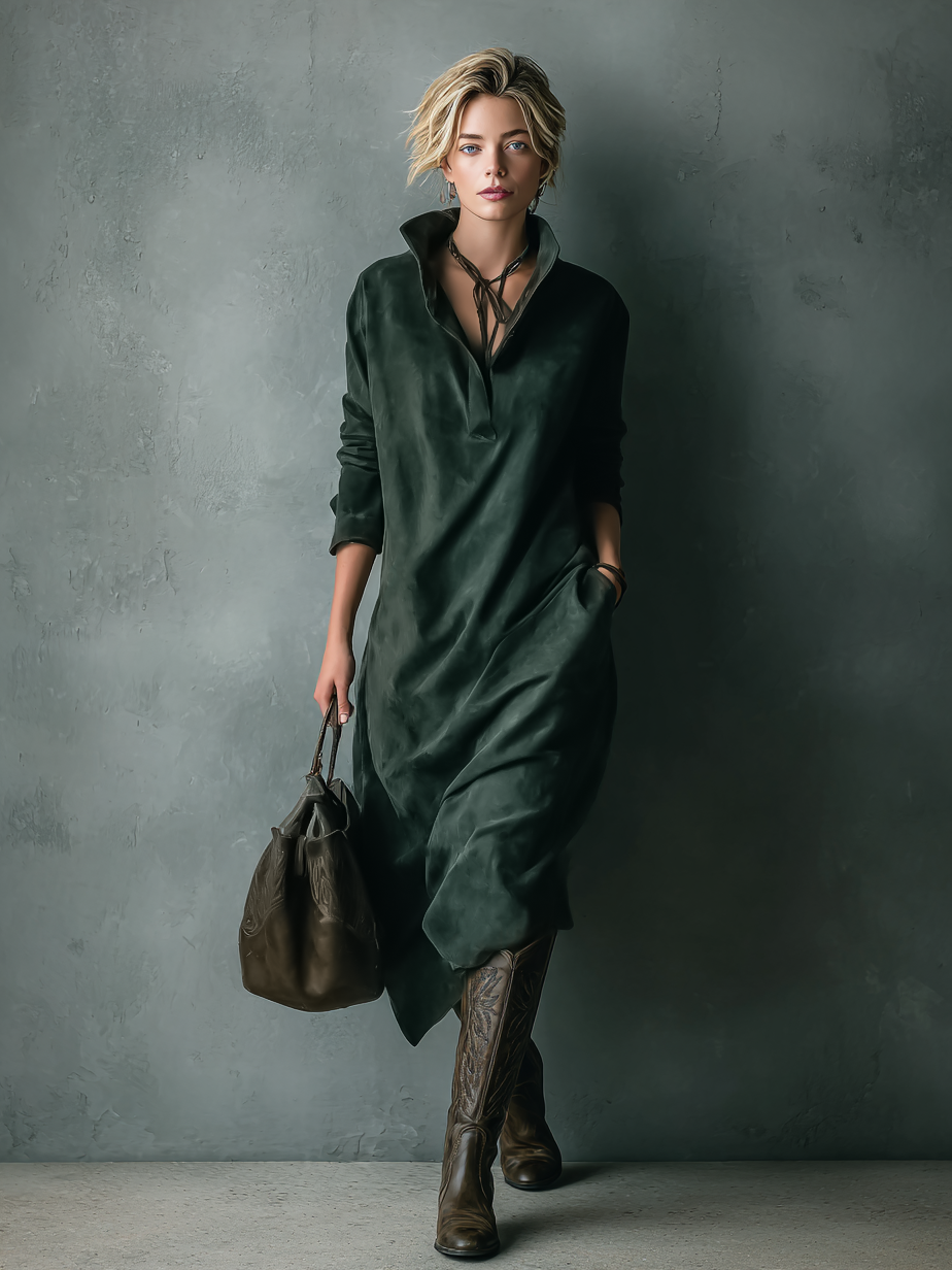 Women's Loose Suede Lapel Long Sleeve Midi Dress MDA1530H1Y