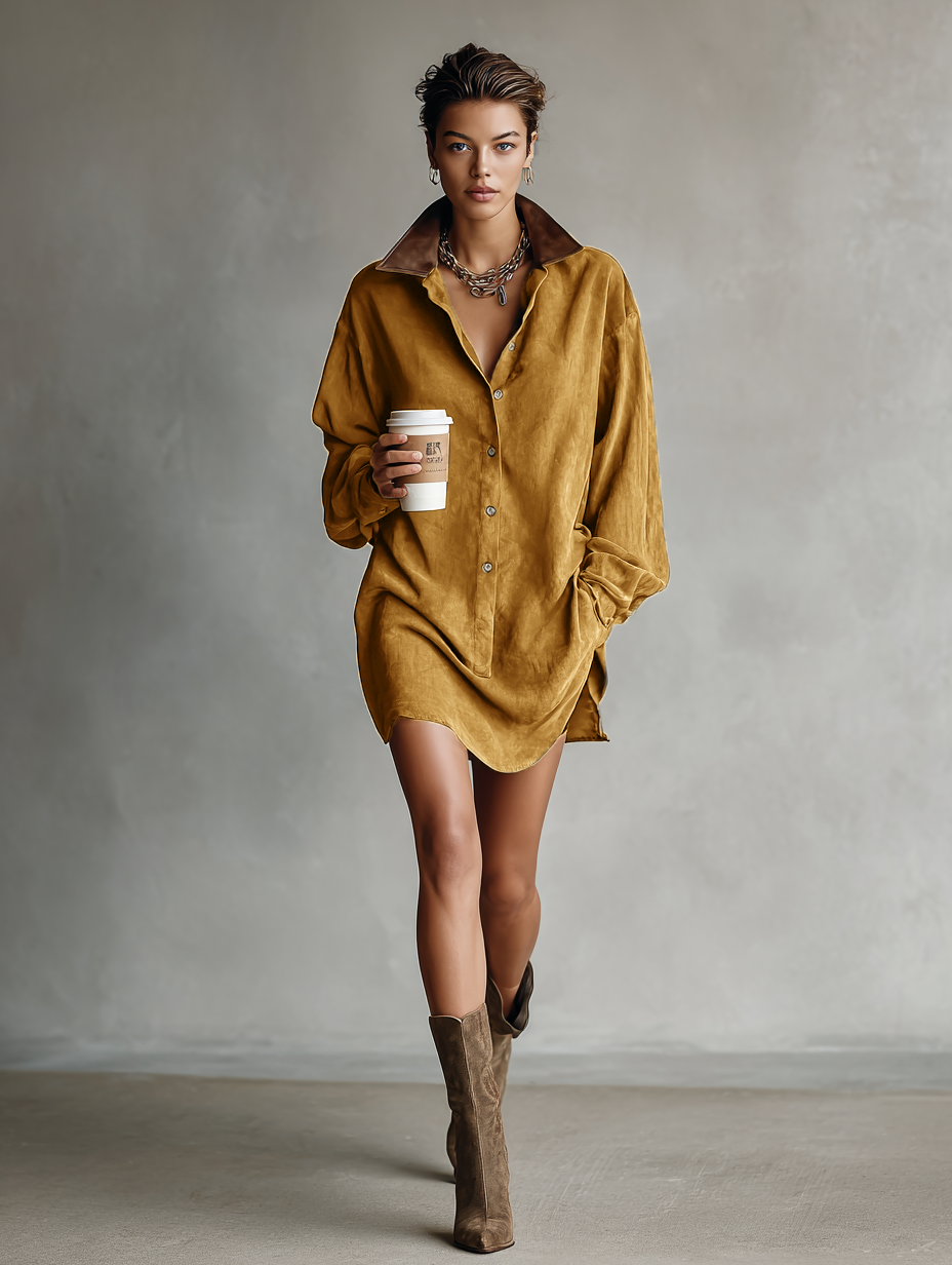 Women's Simple Loose Leather Lapel Spliced Suede Mini Dress MDA0233I3Y