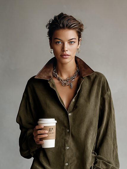 Women's Simple Loose Leather Lapel Spliced Suede Mini Dress MDA0233I3Y