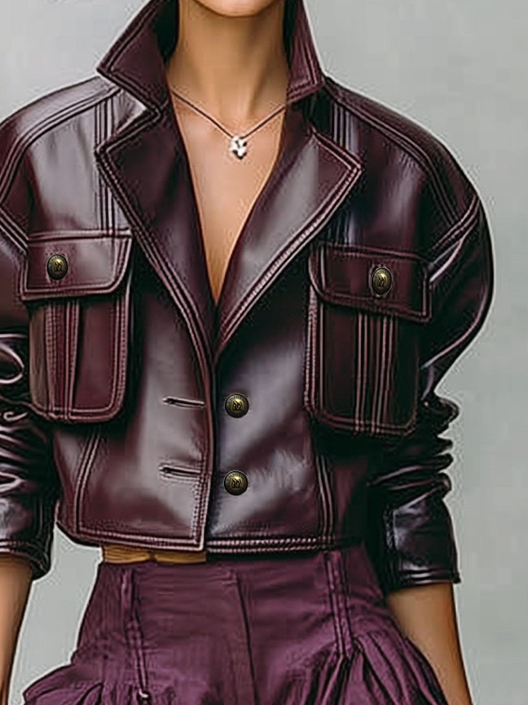 Women's Loose PU Leather Short Double Chest Pocket Jacket MDA1666I2Y