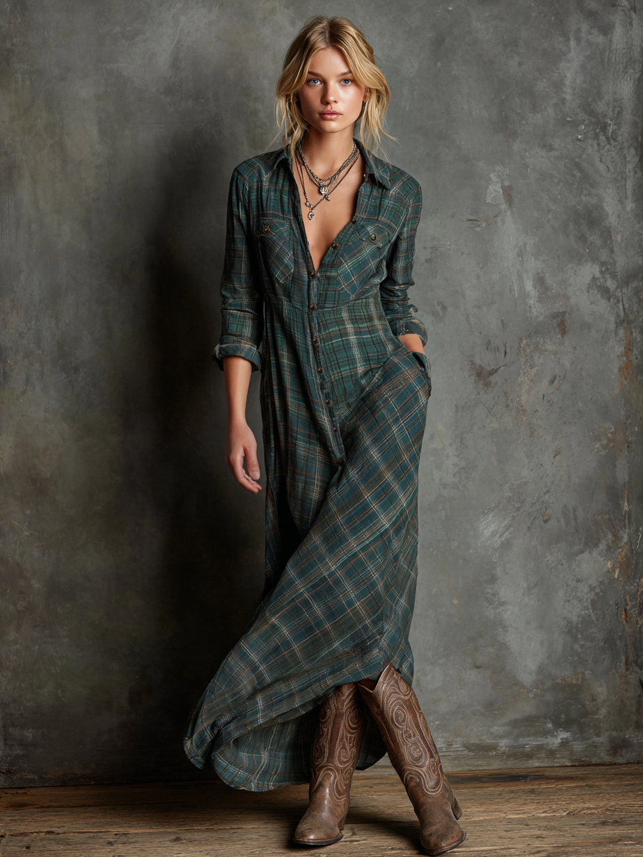 Women's Plaid Lapel Single-Breasted Shirt Maxi Dress MDA1249H1Y  Modesees