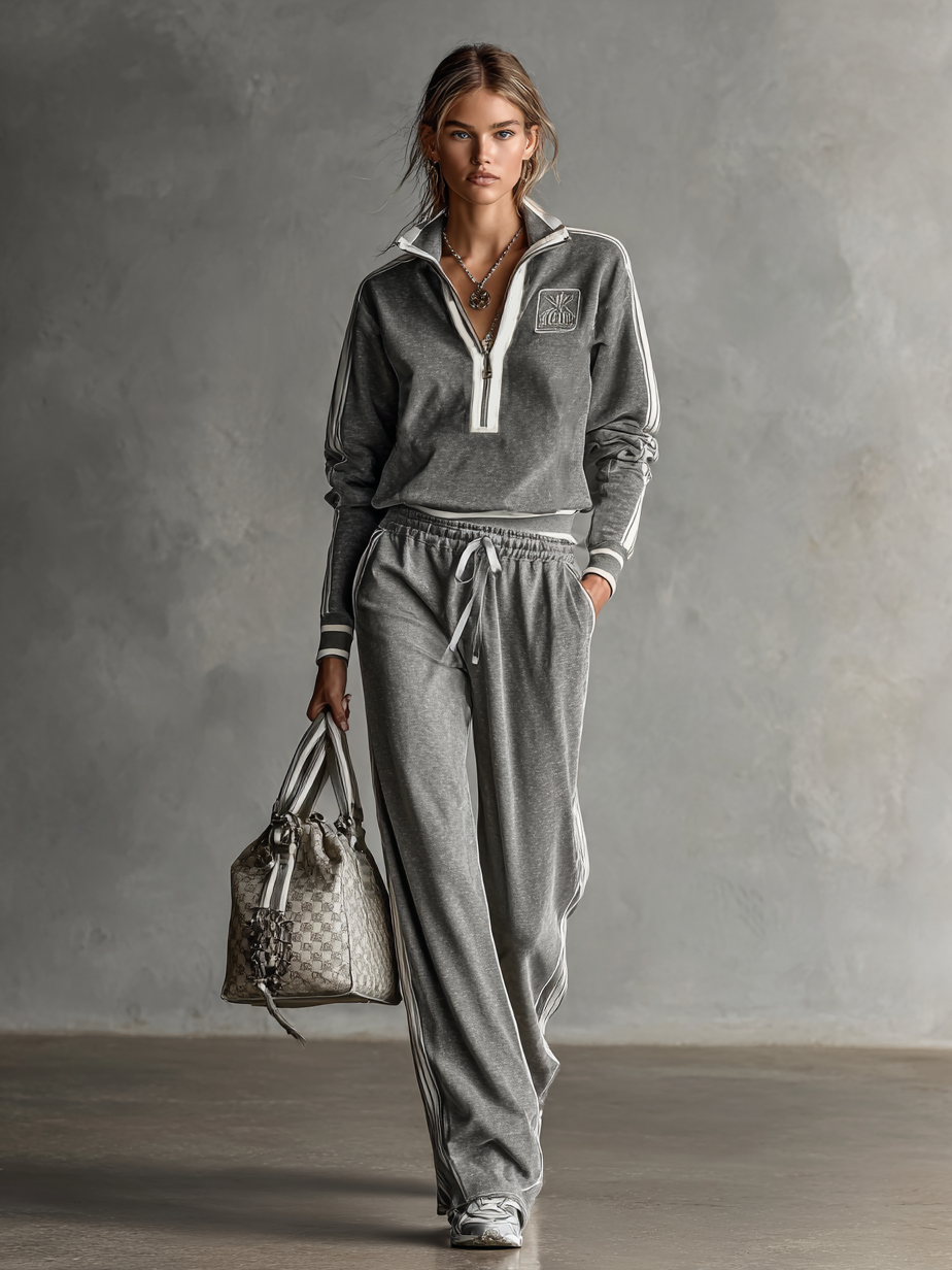 Women's Cotton Blend Embroidered White Trim Zipper Stand Collar Sweatshirt And Sweatpants Set MDA0782H9Y