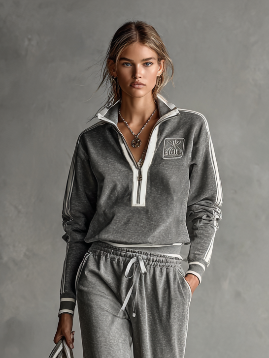 Women's Cotton Blend Embroidered White Trim Zipper Stand Collar Sweatshirt And Sweatpants Set MDA0782H9Y