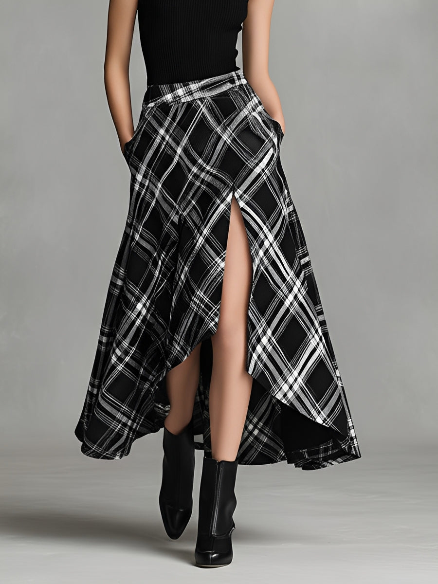 Women's Black & White Plaid Dress With Sleeveless Turtleneck & Asymmetric Maxi Skirt, Timeless Office-Elegant Style Dress MDZ0331C4I