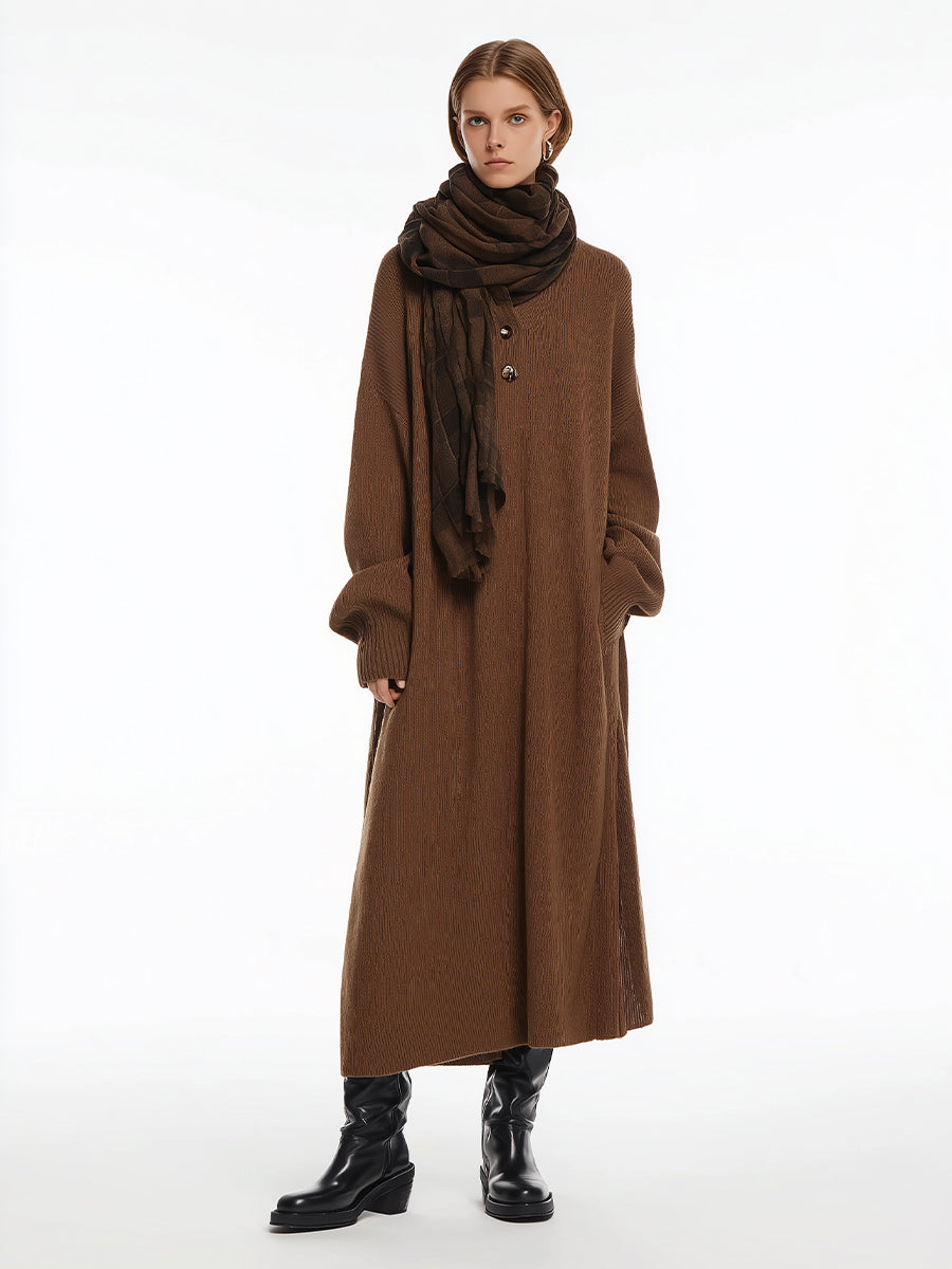 Women's Brown Knit Minimalist Button-Front Oversized Maxi Dress (without Scarf) MDA3155J6I