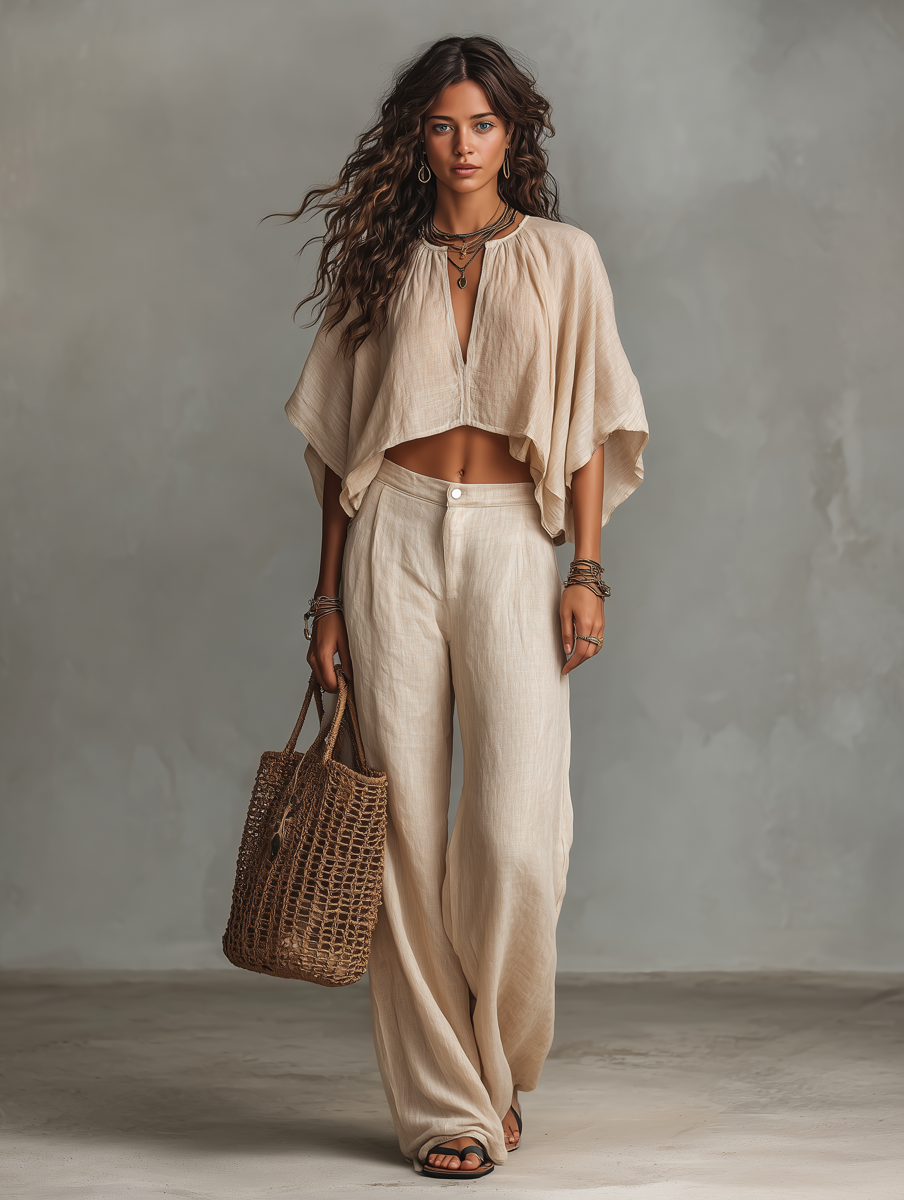 Women's Minimalist Resort-style Linen Blend Blouse Straight Leg Pant Set MDZ1038B1Y