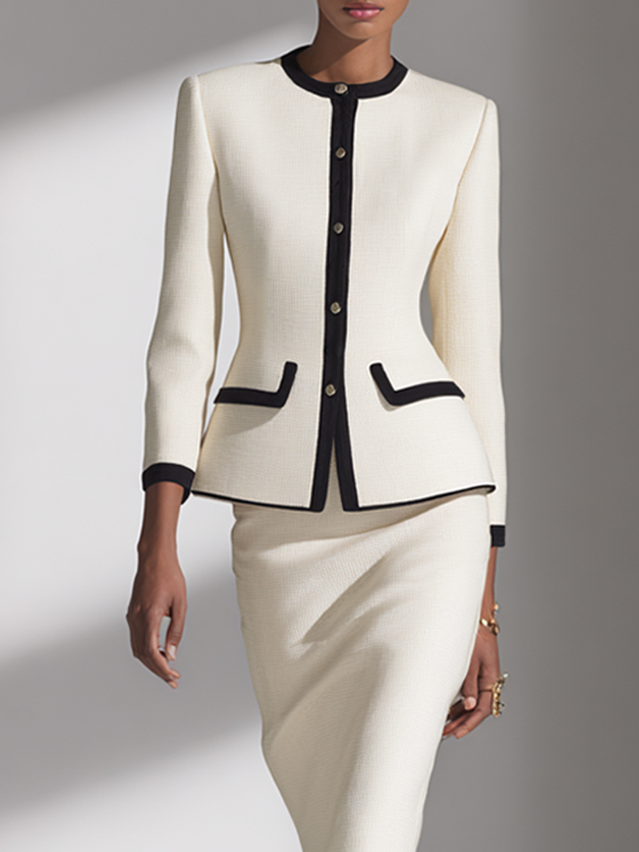 Women's Ivory And Black Contrast Tweed Jacket And Pencil Skirt Set MDA1735L3AP