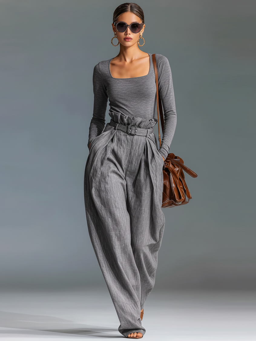 Women's Minimalist Square Neck T-Shirt And Linen Pants Set MDA0967L4Y
