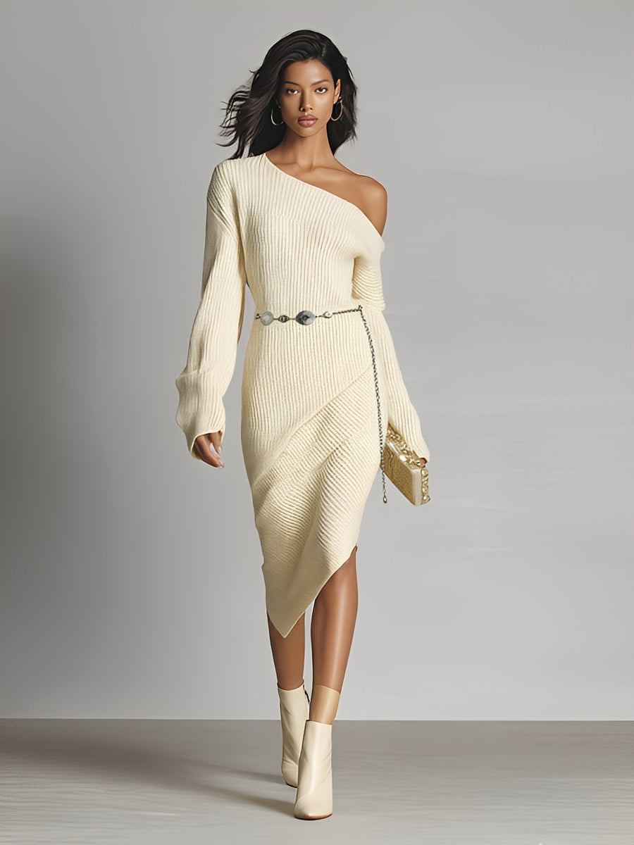 Women's Cream Ribbed Knit Elegant Dress With One-Shoulder Neckline & Asymmetric Hem, Timeless Chic Style Dress MDA0155L8I