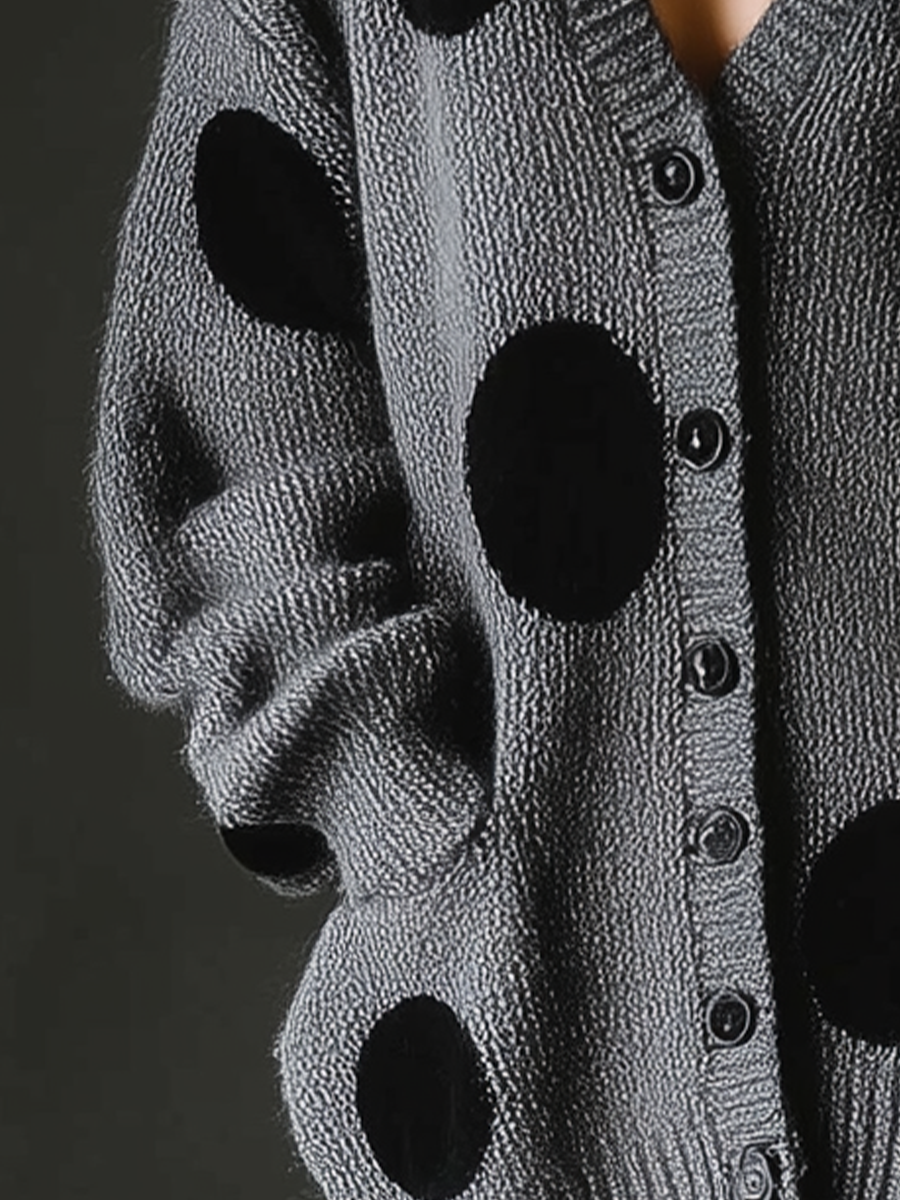 Women's Gray And Black Large Polka Dot Knitted Cardigan MDA1940I4T