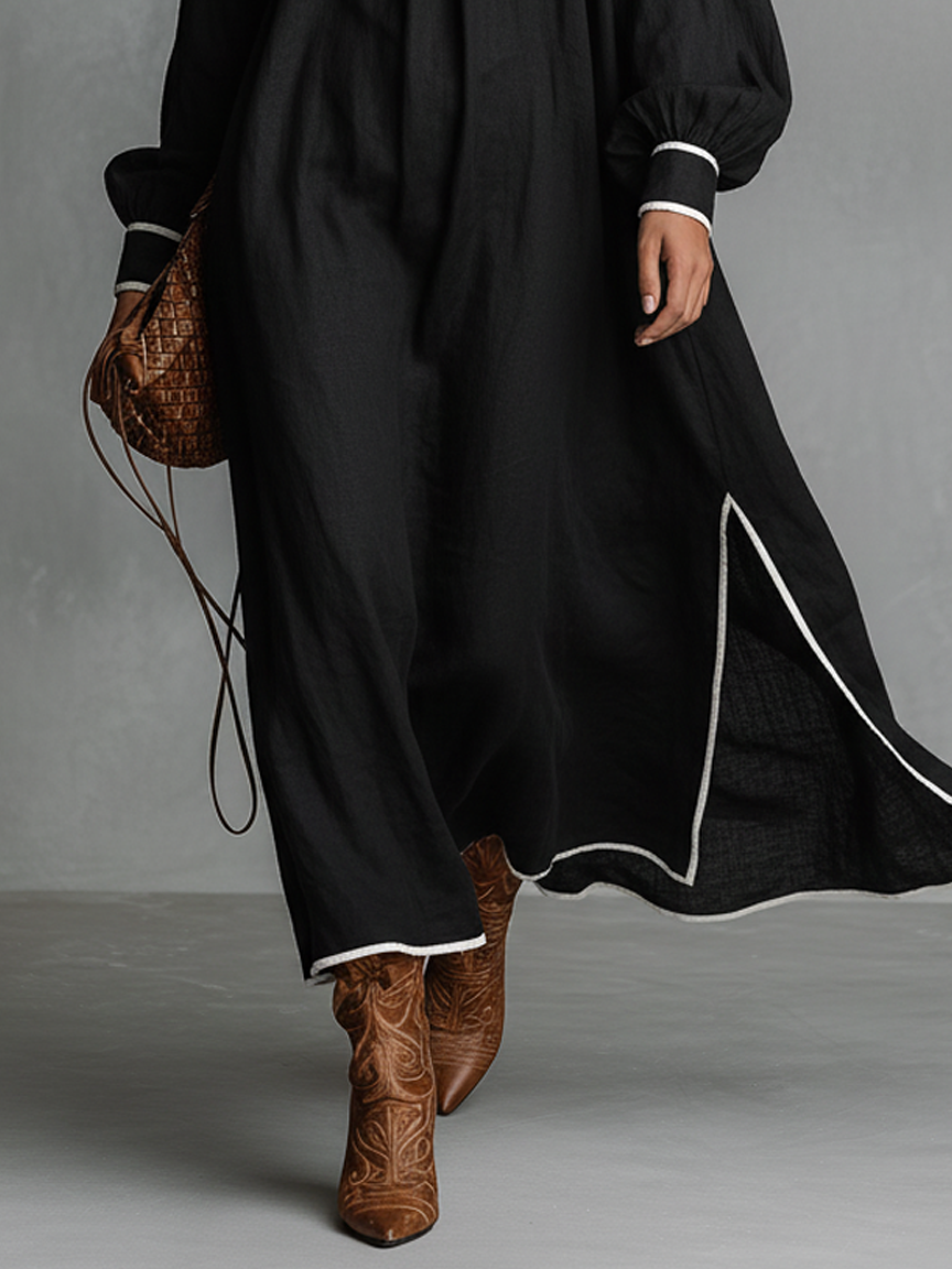 Women's Minimalist Loose-fitting Cotton And Linen White Trim Slits Maxi Dress MDA2221K9Y