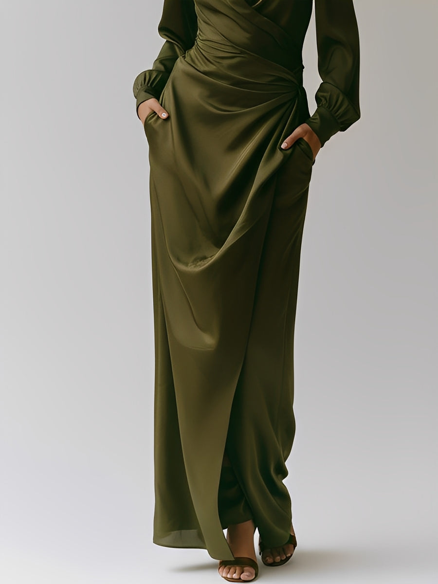 Women's Olive Flowing Woven Dress With Deep V-Neck & Pockets, Modern Elegant Style Dress MDA0999L2I