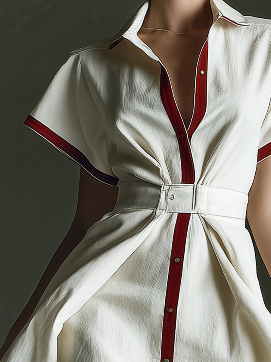 Women's Ivory Shirt Dress With Contrast Red Trim & Waist Belt MDZ2658B9T