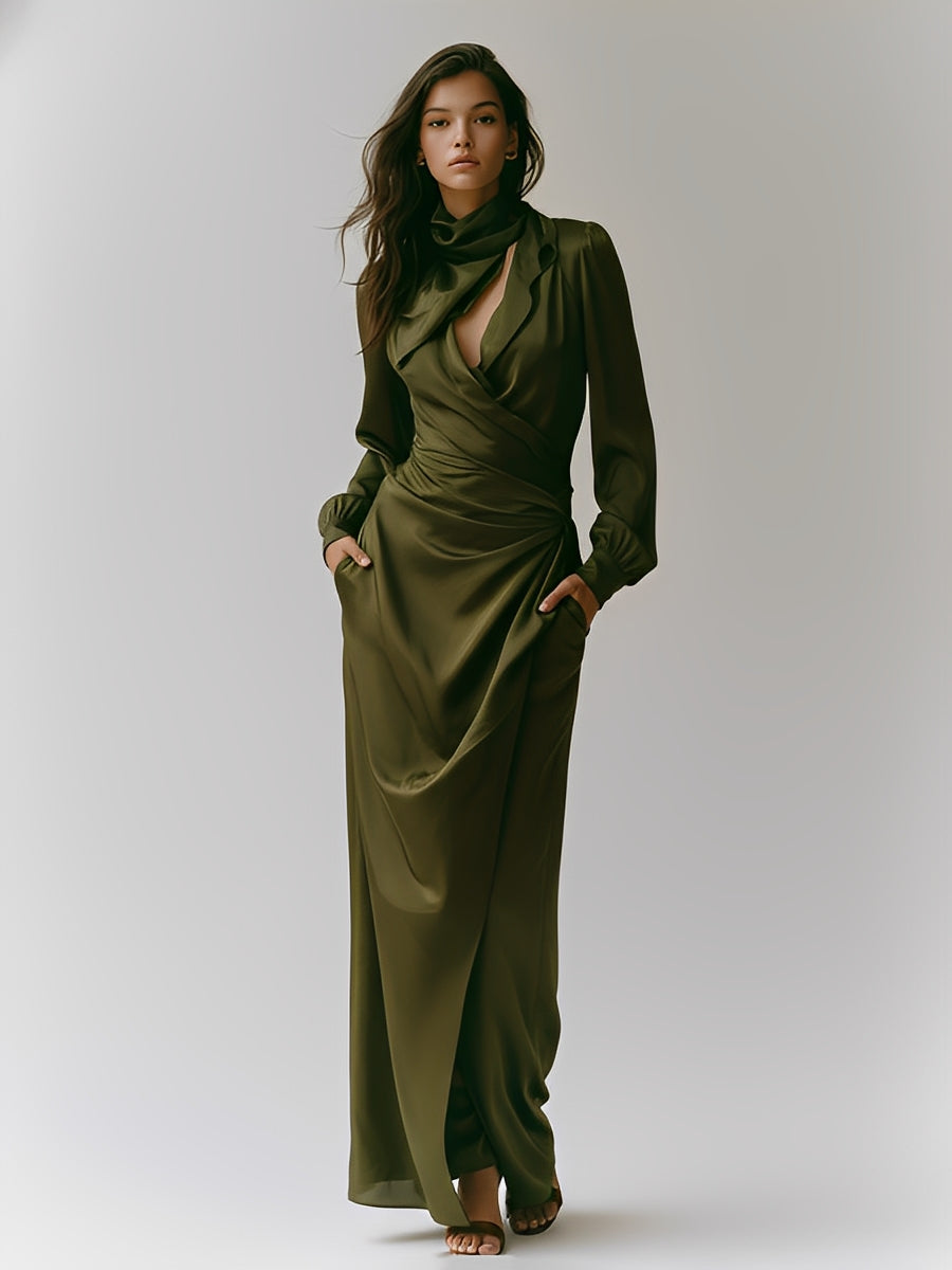 Women's Olive Flowing Woven Dress With Deep V-Neck & Pockets, Modern Elegant Style Dress MDA0999L2I