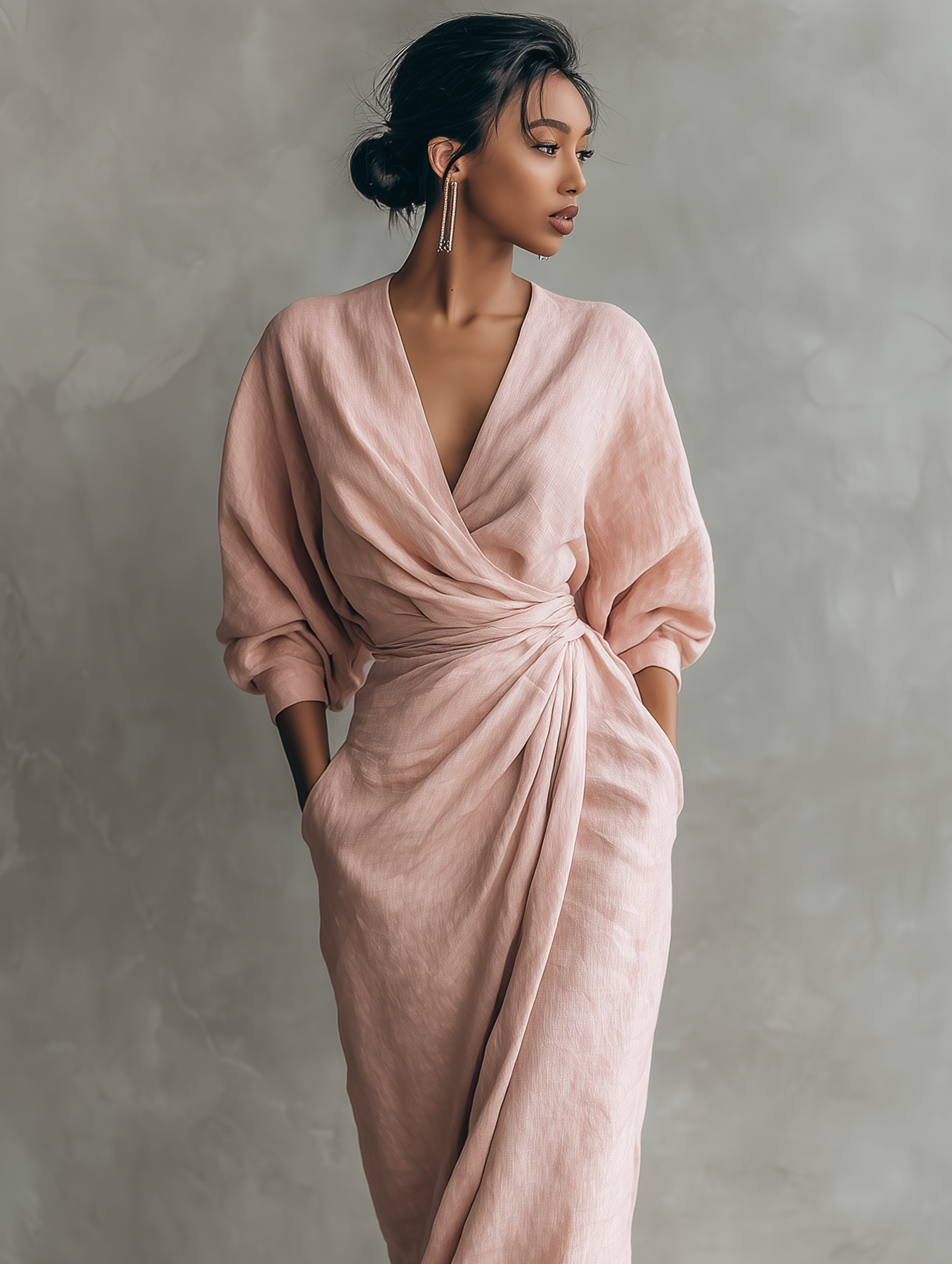 Women's  Pink Minimalist V-neck Linen Blend Maxi Dress MDA1655L0Y