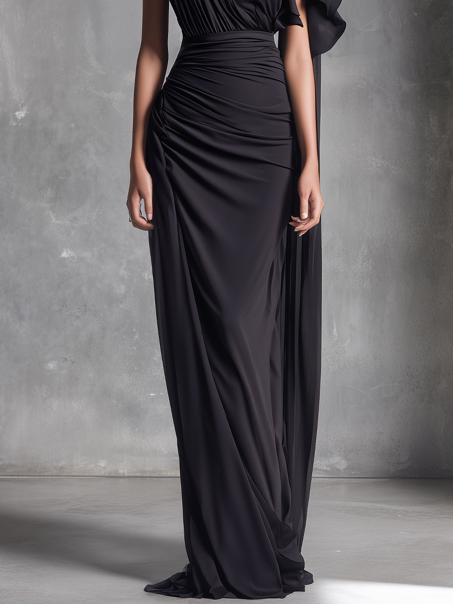 Women's Black Maxi-length Polyester-cotton Blend Dress, One-shoulder Design + Ruffle Embellishment, A Sophisticated Party-style Dress MDA0499K0I