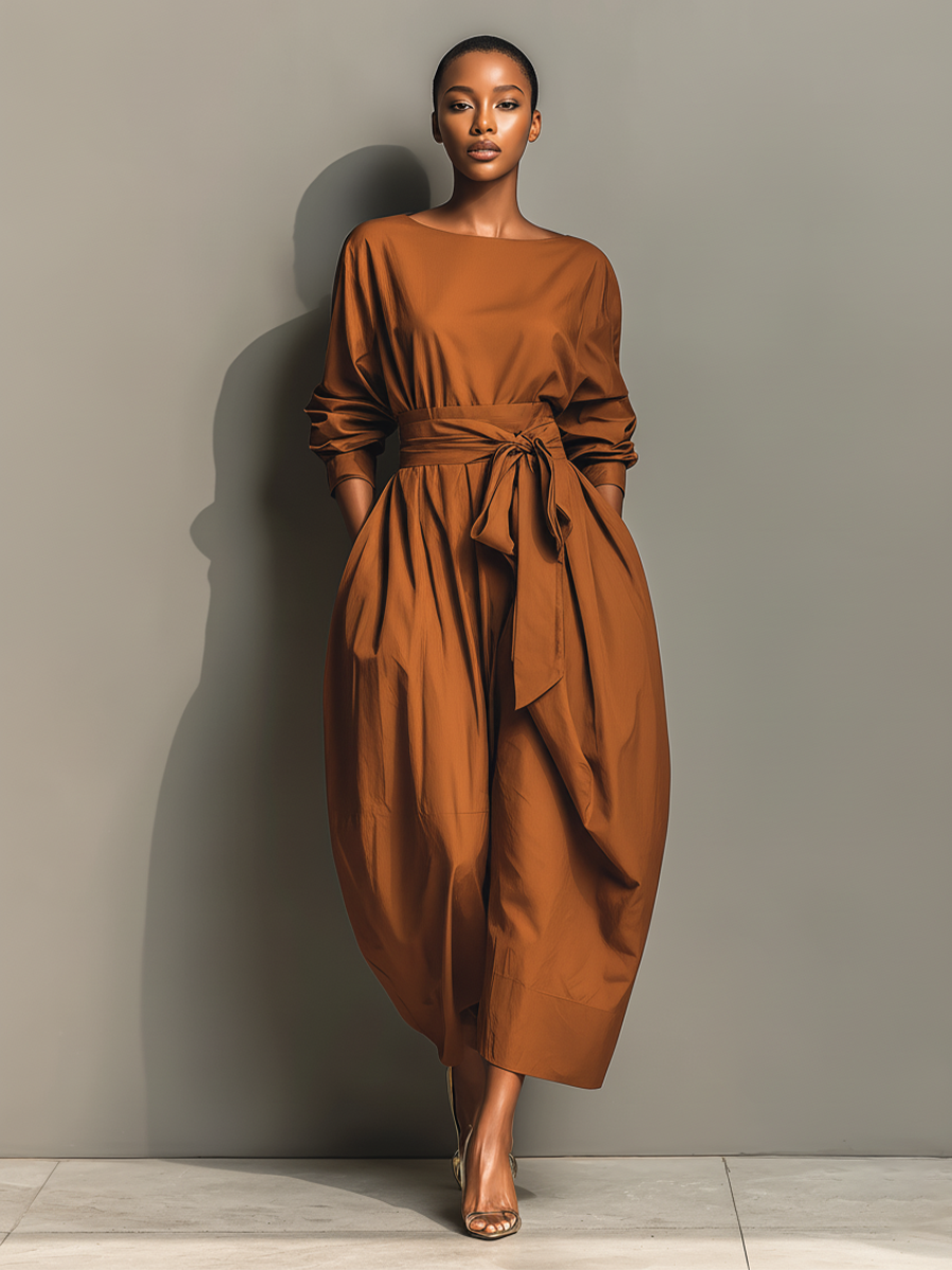 Women's Brown Cotton Avant-garde Waist-cinching Midi Dress MDA0549K6I