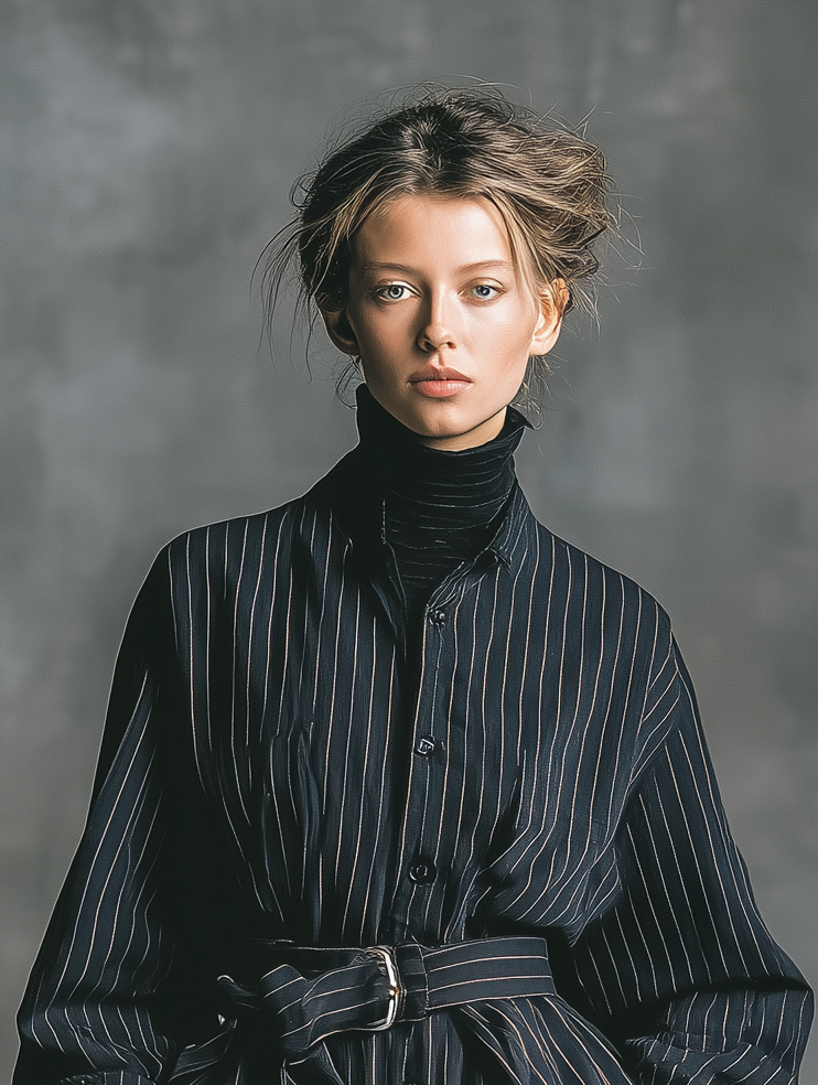 Women's Casual And Stylish Navy Blue Striped Loose-fitting Long-sleeved Shirt Dress MDA1110K2AN