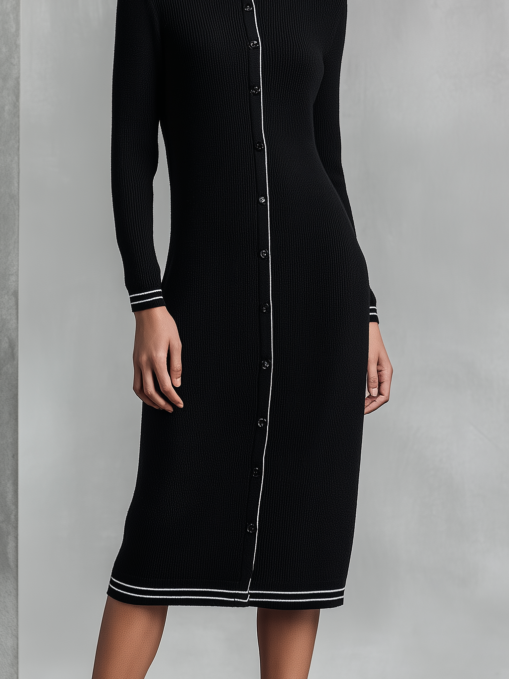 Women's Elegant Black Knitted Thin Long-sleeved Button-front Midi Dress MDZ0762A5AN