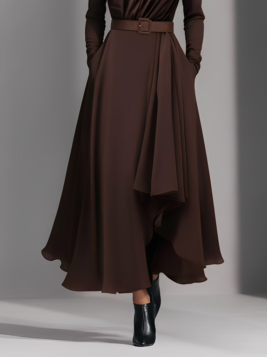 Women's Chocolate Silky Woven Dress With Off-the-Shoulder Neck & Belted Waist, Timeless Elegant Style Dress MDA1295L7I