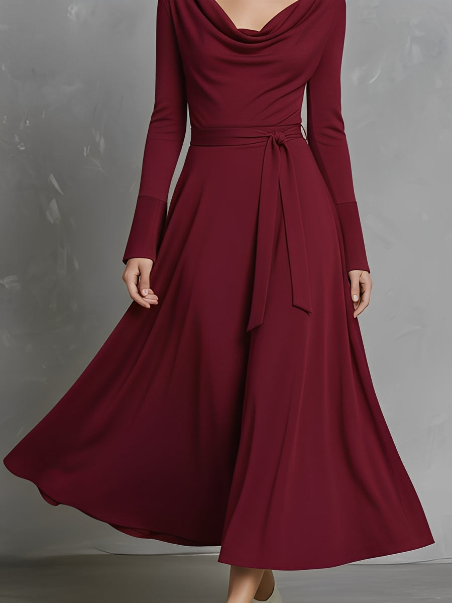 Women's Burgundy Stretchy Knit Dress With Cowl Neck & Belted Waist, Timeless Elegant Style Dress MDA0806L7I