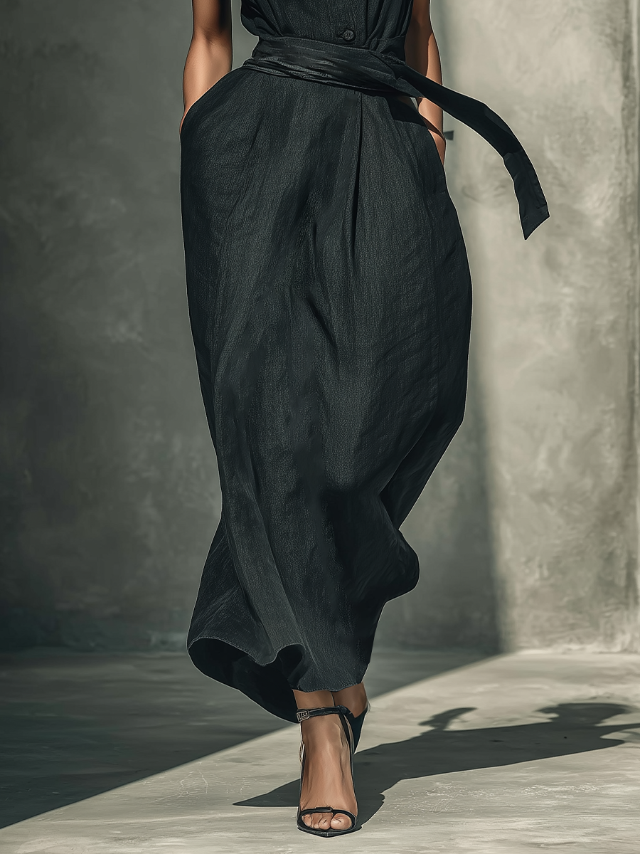 Women's Black Cotton And Linen Blend Minimalist Maxi Dress MDZ2762B2T