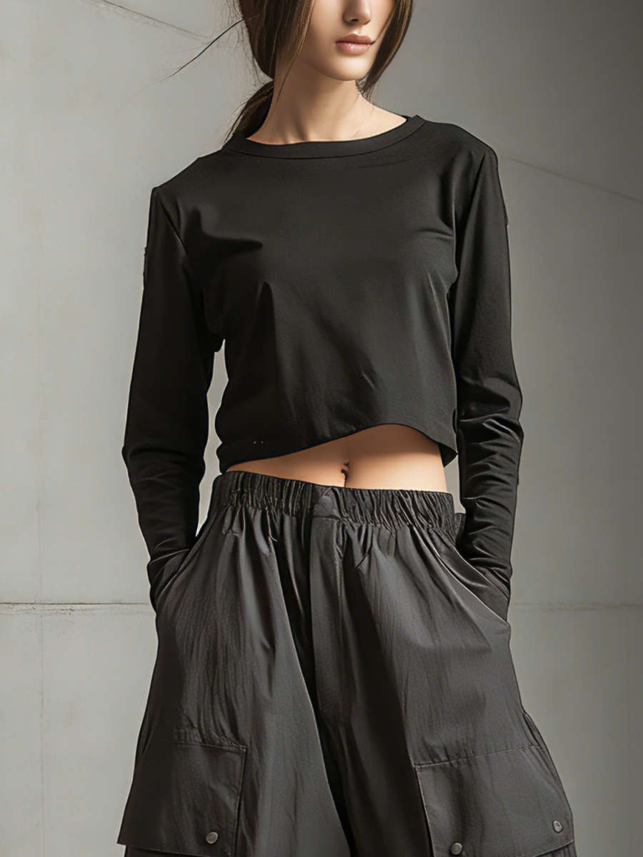 Women's Black Cotton-blend Short-sleeved Top And Charcoal Gray High-waisted Cargo Pants Set MDA2519L8T