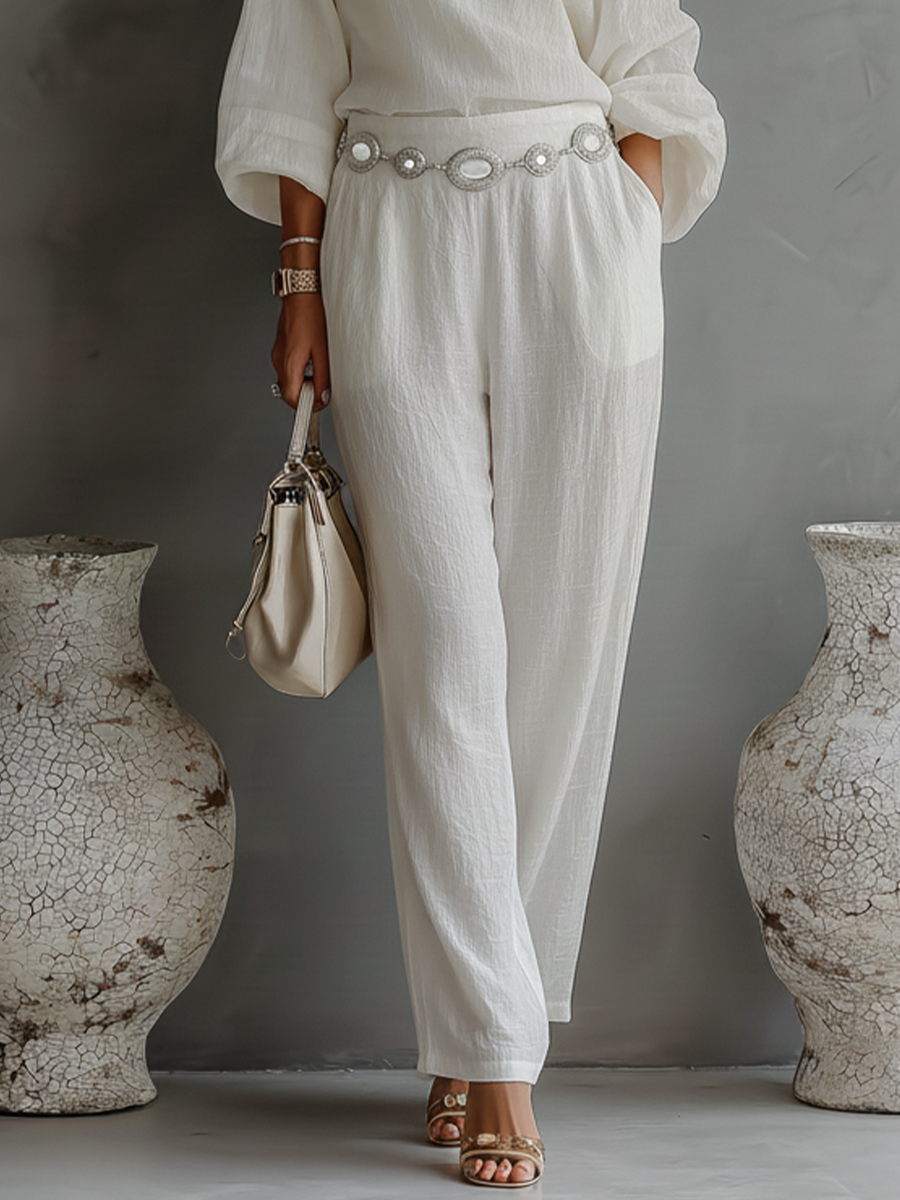 Women's Off-white Cotton And Linen Long-sleeved Top And Trousers Set MDA2525L6T