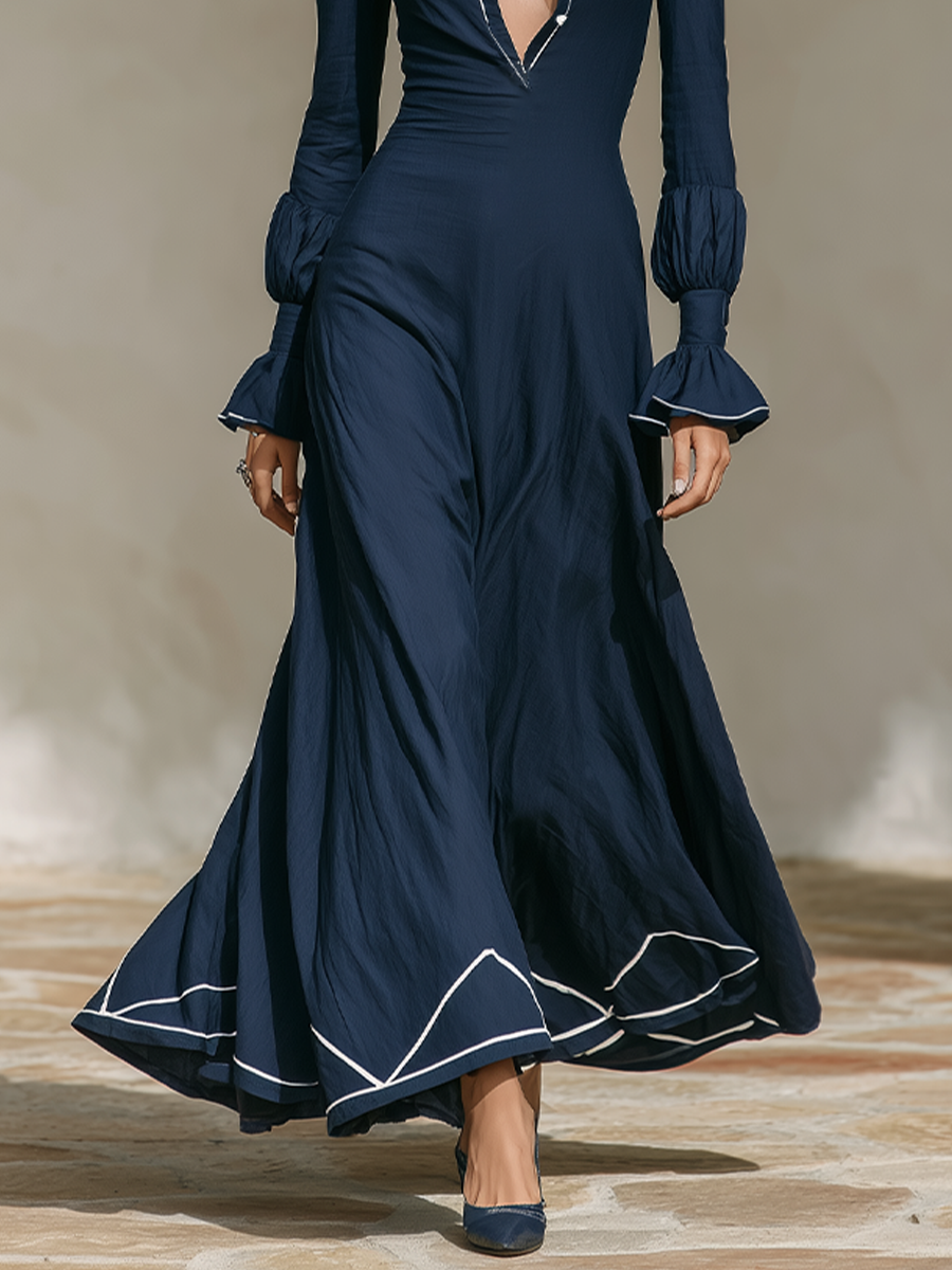 Women's Vacation Contrast Trim Flare Sleeve Maxi Dress MDZ1094H9LYL