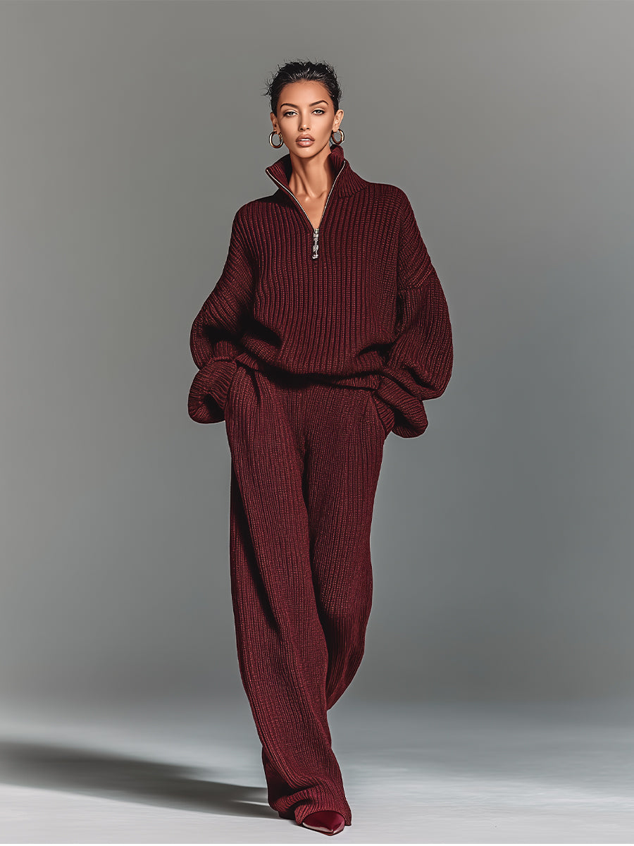 Women's Burgundy Chic Ribbed Knit Half - Zip Loungewear Set MDA1058I6I