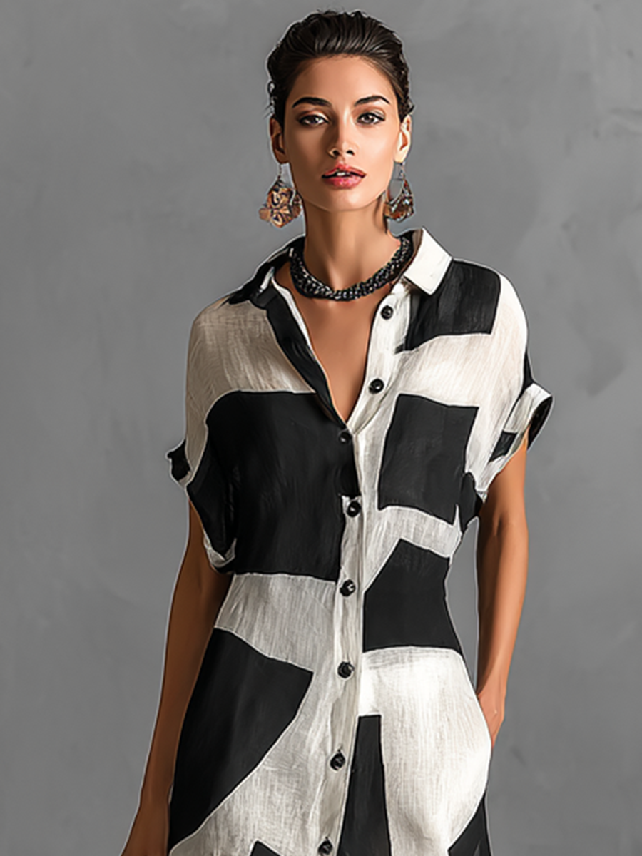 Women's Cotton And Linen Blend Irregular Geometric Print Lapel Single-Breasted Short-Sleeved Maxi Shirt Dress MDA1689G1Y