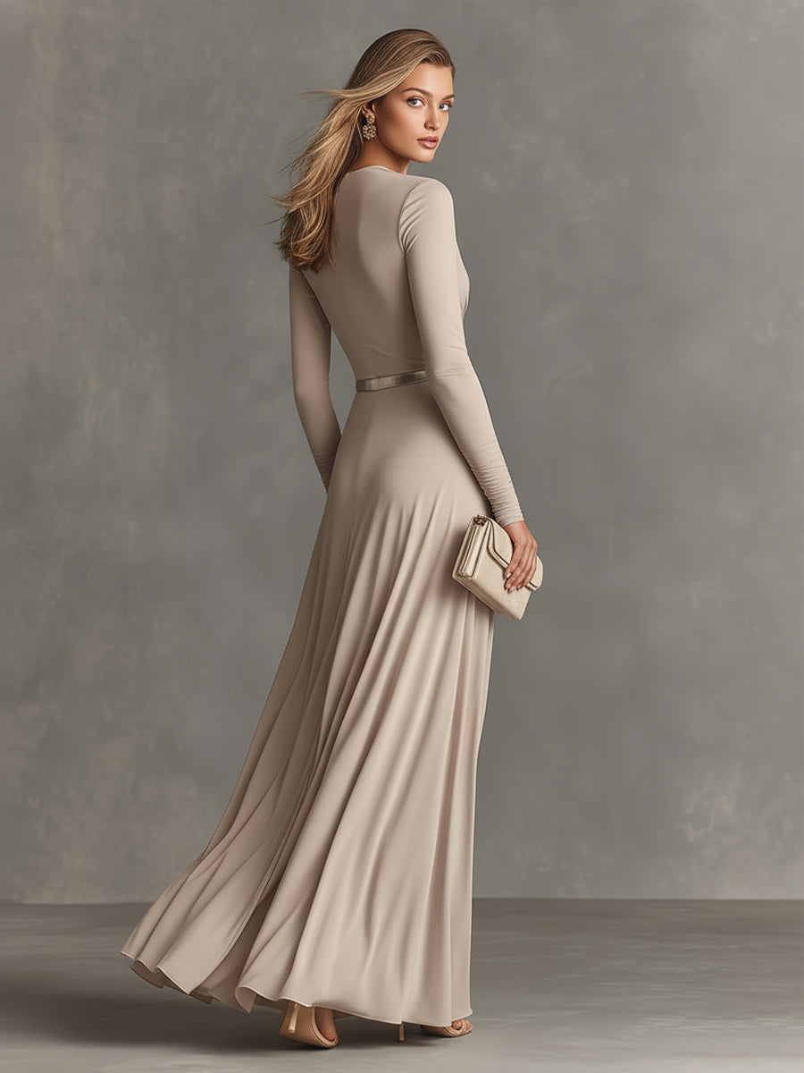 Women's Beige Smooth Fabric Elegant Ruched Wrap-Front Maxi Dress MDA2210K2I