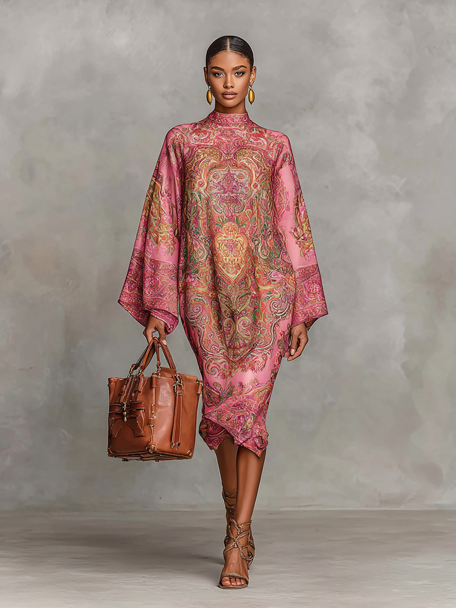 Women's Paisley Print Round Neck Trumpet Long Sleeve Loose Midi Dress MDA2149G5Y