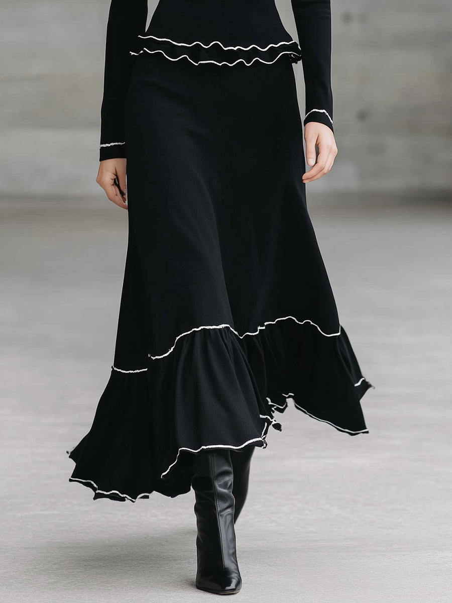 Women's Black Knit V-neck Top With White Trim And High-waisted Skirt Set MDA0519K3T