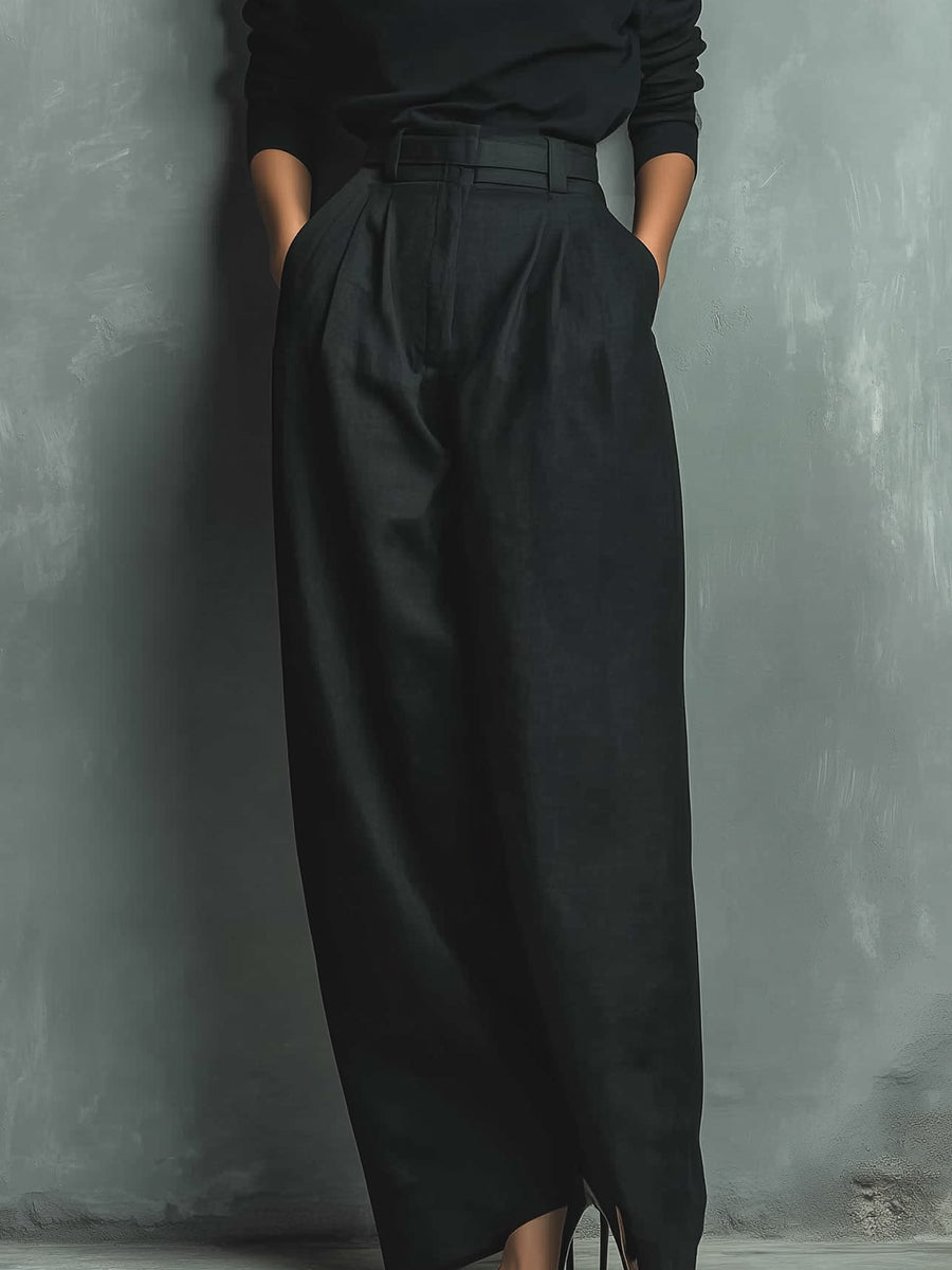 Women's Black Elegant Knit Top & Belted Wide - Leg Pants Set (without Belt) MDA2099H7I