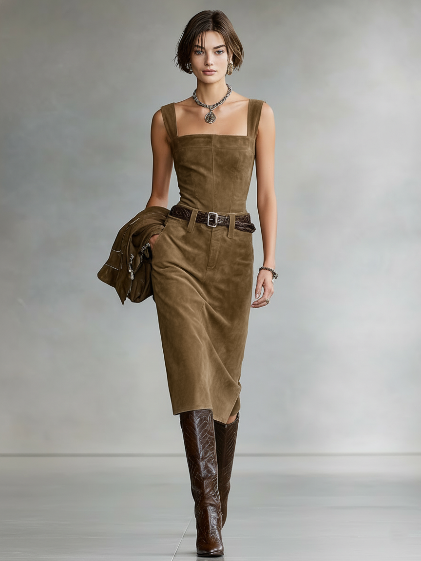 Women's Minimalist Faux Suede Wide-strap Belted Midi Dress MDZ0520A4Y