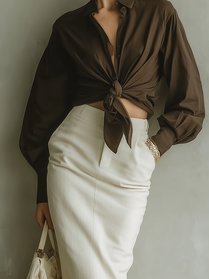 Women's Elegant And Stylish Brown Shirt Paired With A White Fitted Midi Skirt MDA1938K3AN